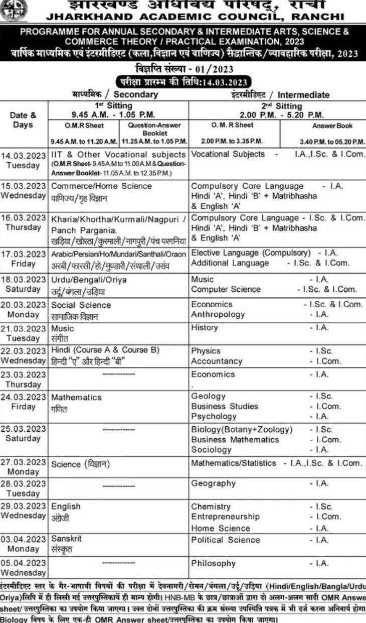 Jharkhand Board Time Table 2023.